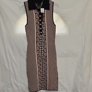 Chic Black and Cream Geometric Midi Dress